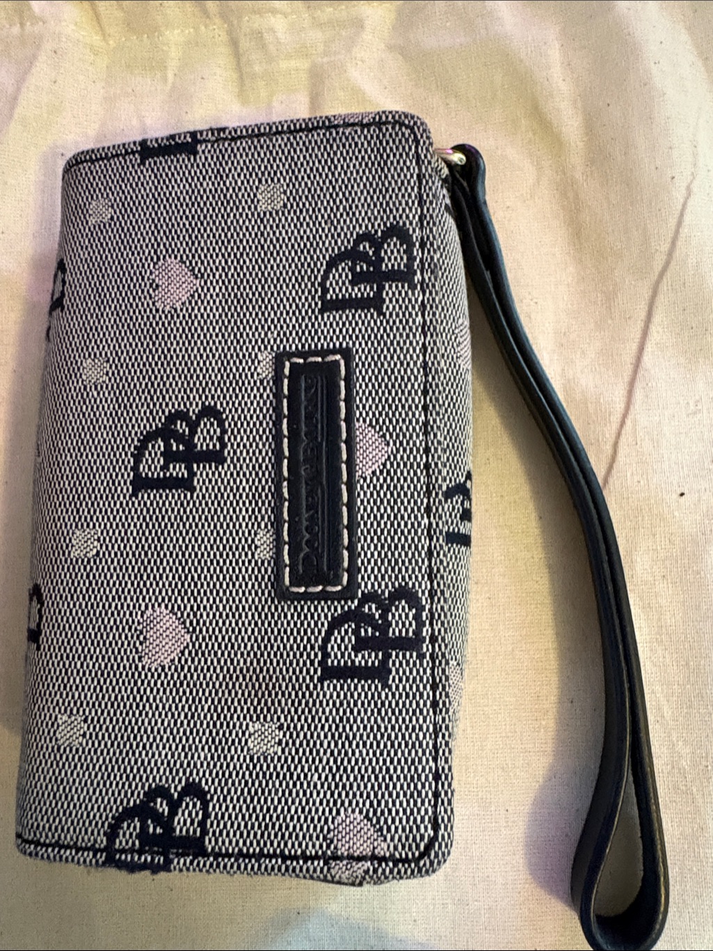 Dooney & Bourke Monogram Heart Wristlet Wallet In Black And Baby Pink Hearts